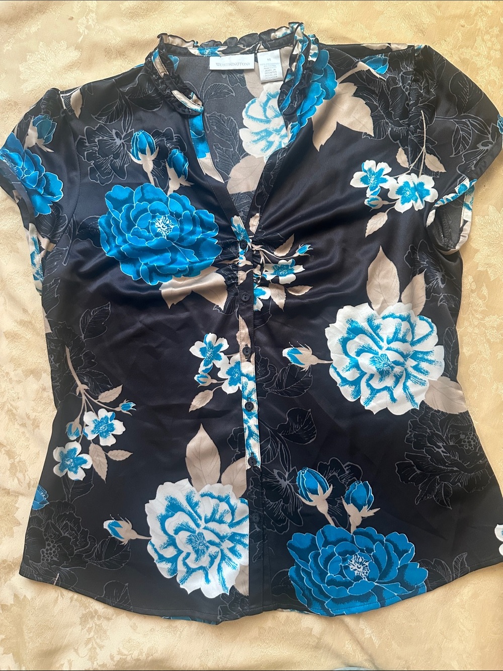 Worthington Black Blouse with Blue & Cream Floral Accents and Mandarin Collar